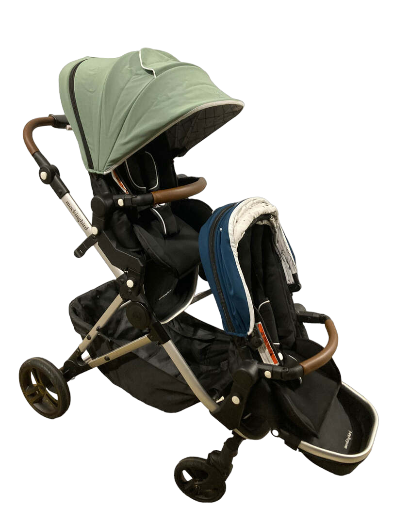  Mockingbird Double Stroller, 2022, Sage, Sky, Windowpane, Watercolor Drops, Silver With Penny Leather