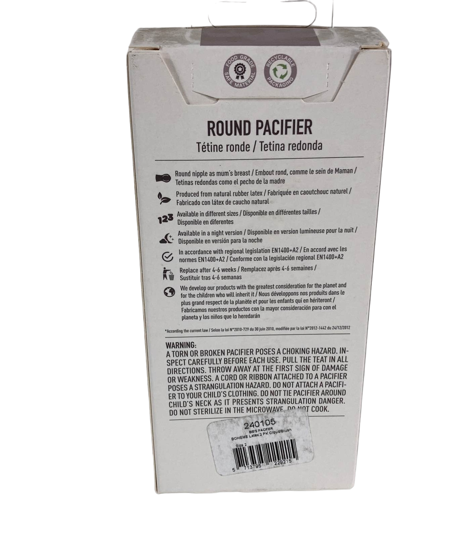  BIBS Boheme Natural Rubber Pacifier 2 Pack, Size 2 (6-18m), Cloud/Blush