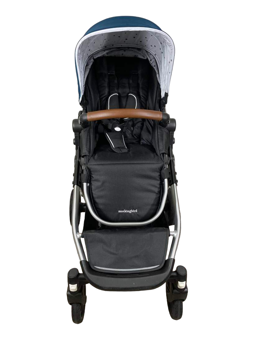  Mockingbird Single To Double Stroller, 2023, Silver With Penny Leather, Watercolor Drops, Sea