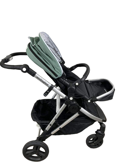  Mockingbird Single Stroller, 2022, Sage, Watercolor Drops, Silver With Black Leather