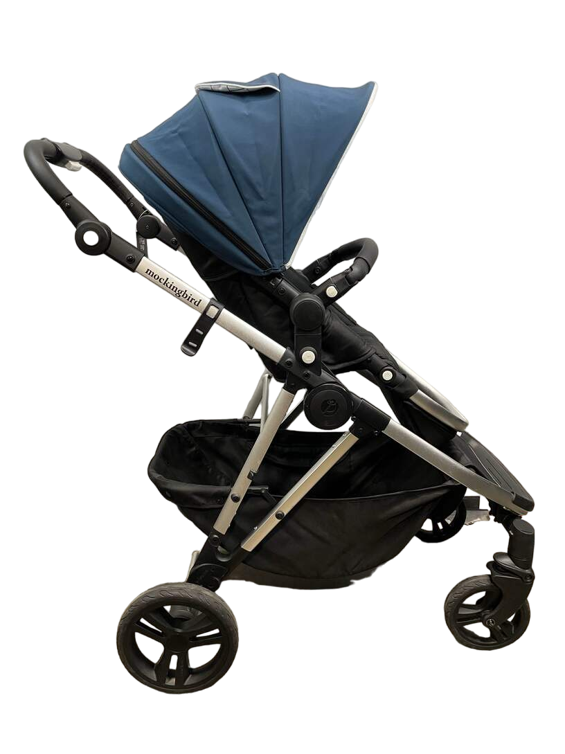  Mockingbird Single To Double Stroller, 2020, Silver With Black Leather, Windowpane, Sea