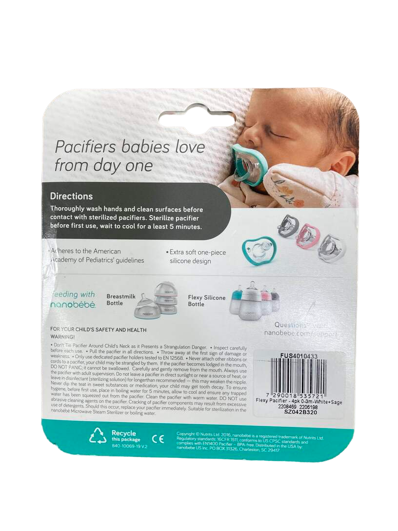  Nanobébé Flexy Pacifiers, White-Sage, 0-3 Months, 4-Pack