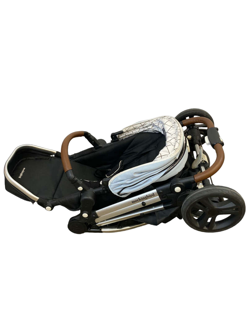 Mockingbird Single Stroller, 2020, Sky, Windowpane, Silver With Black Leather