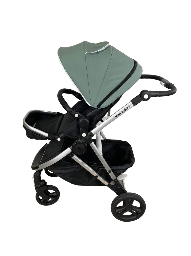  Mockingbird Single Stroller, 2022, Sage, Watercolor Drops, Silver With Black Leather