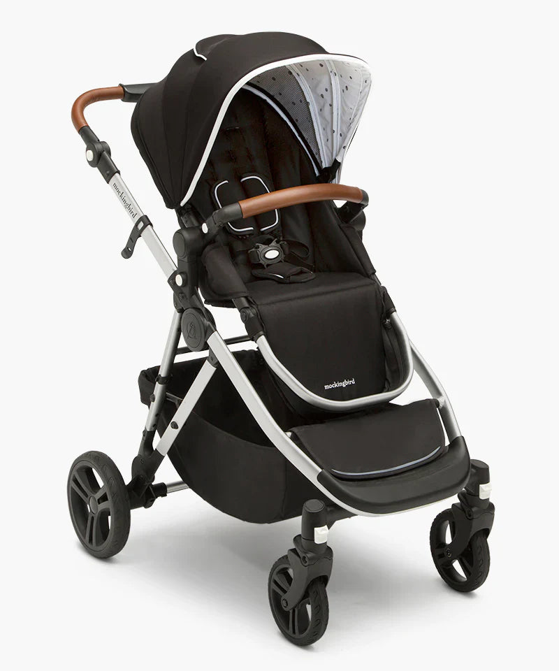  Mockingbird Single To Double Stroller With Accessories, 2021, Silver With Penny Leather, Windowpane, Black