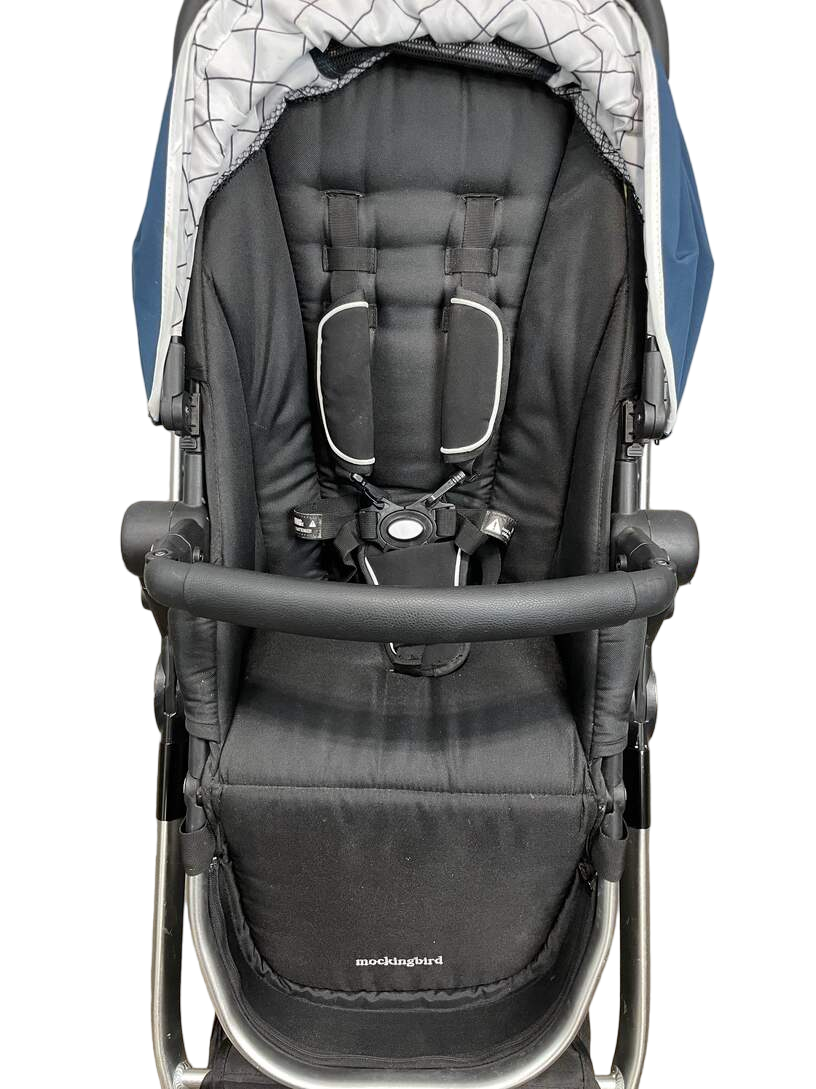  Mockingbird Single To Double Stroller, 2020, Silver With Black Leather, Windowpane, Sea